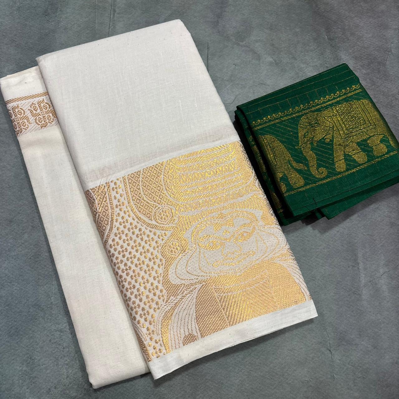 Kerala-inspired Sungudi Cotton Saree-deity face and geometric motifs-Green blouse
